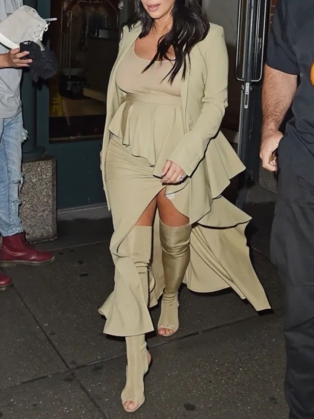 Yeezy Beige Stretch-Knit Over-the-Knee Peep-Toe Boots